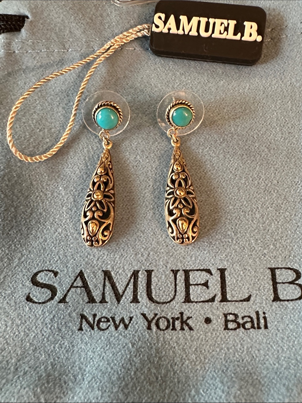 NWT Samuel B. Sleeping Beauty Turquoise and Silver Filigree Teardrop Earrings